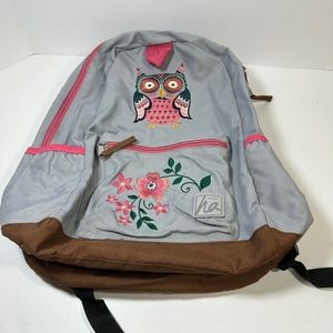 Hanna Andersson Embroidered Owl Flowers Full Size Backpack Gray Pink